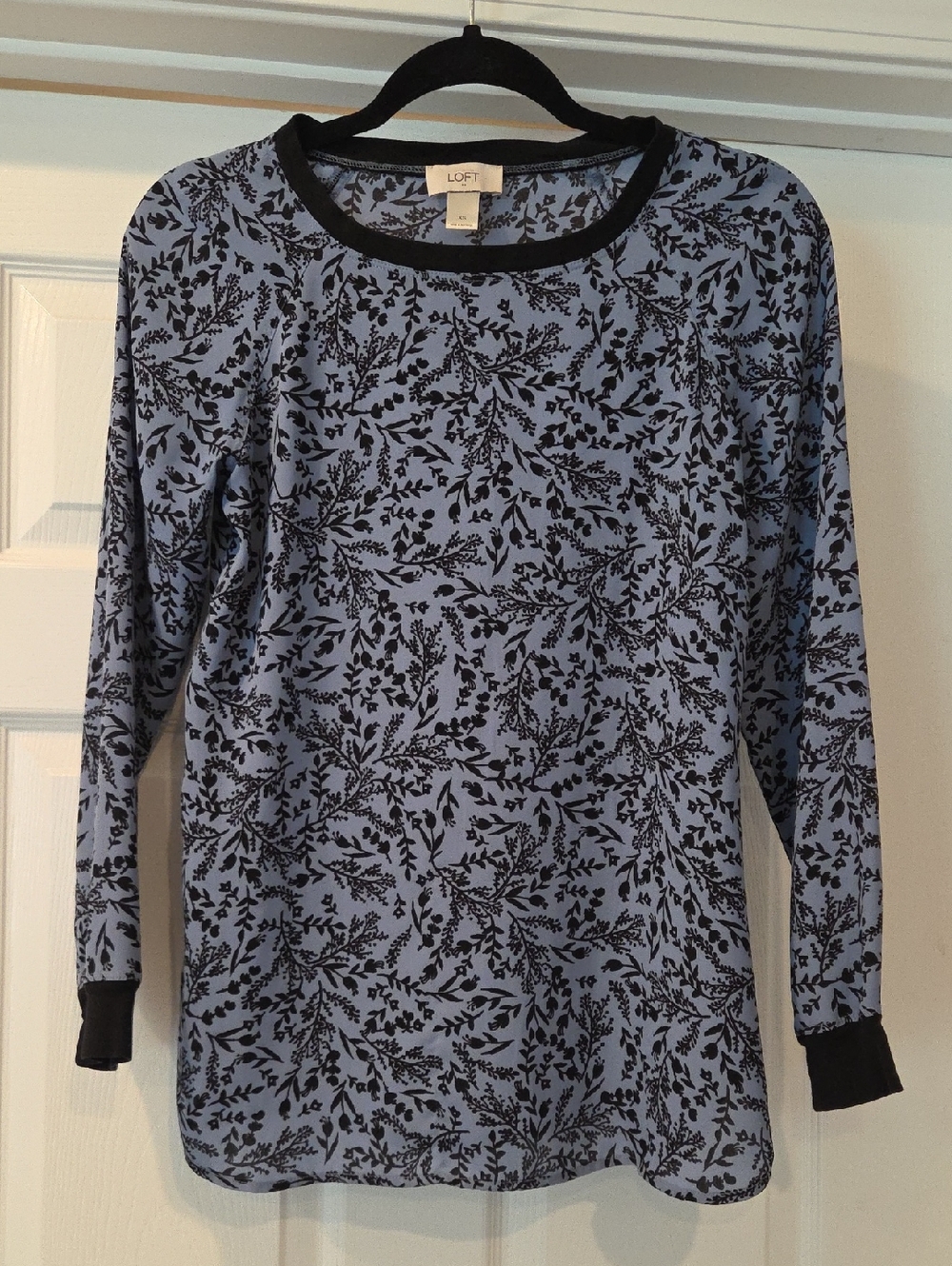 LOFT Light Blue Long-Sleeve Top with Black Floral Print